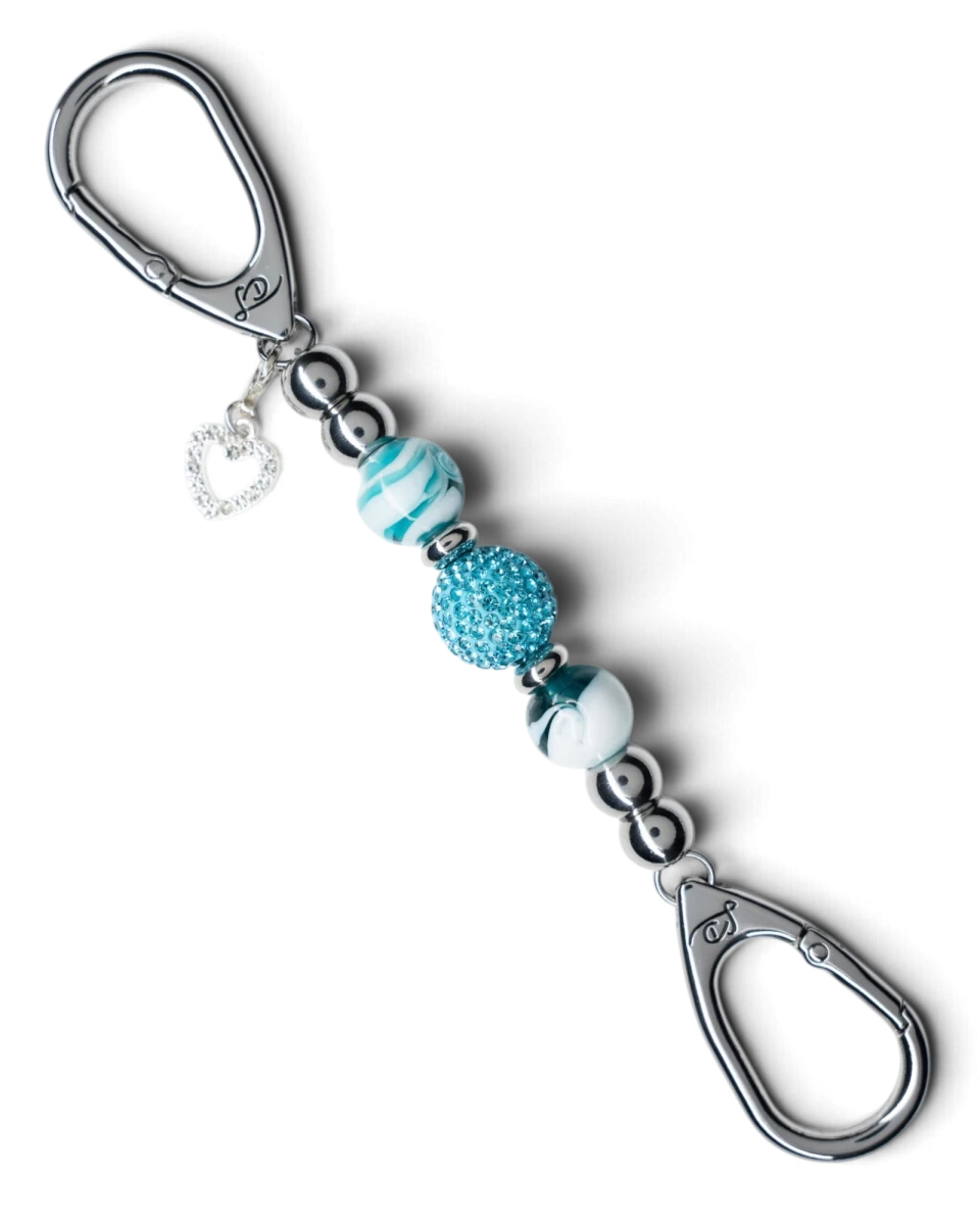 LD Keyfinder Teal My Heart-Mini keychain with teal swirl glass beads, a crystal center bead, and a rhinestone heart.