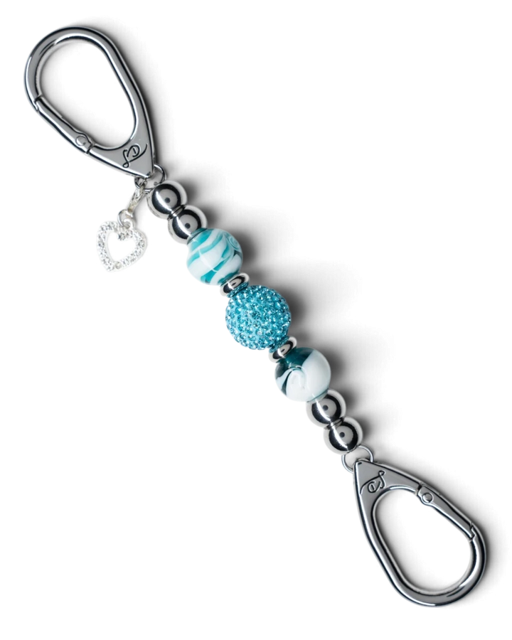 LD Keyfinder Teal My Heart-Mini keychain with teal swirl glass beads, a crystal center bead, and a rhinestone heart.