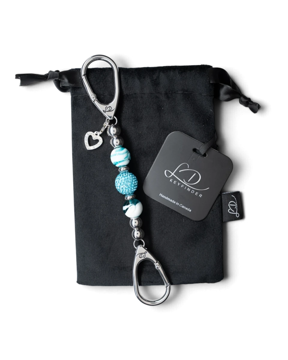 LD Keyfinder Teal My Heart-Mini keychain with teal swirl glass beads, crystal center, and silver heart charm.