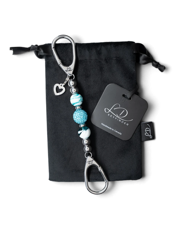 LD Keyfinder Teal My Heart-Mini keychain with teal swirl glass beads, crystal center, and silver heart charm.