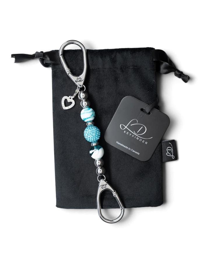 LD Keyfinder Teal My Heart-Mini keychain with teal swirl glass beads, crystal center, and silver heart charm.