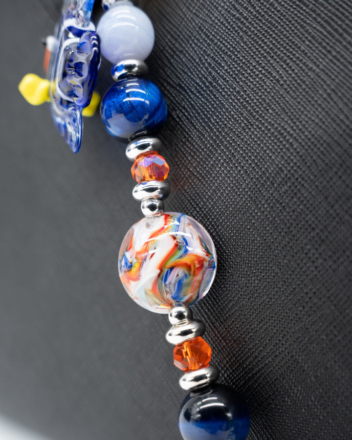 LD Keyfinder Tropical Tango artisan glass bead keychain with blue tiger eye, blue lace agate, and tropical fish charm.