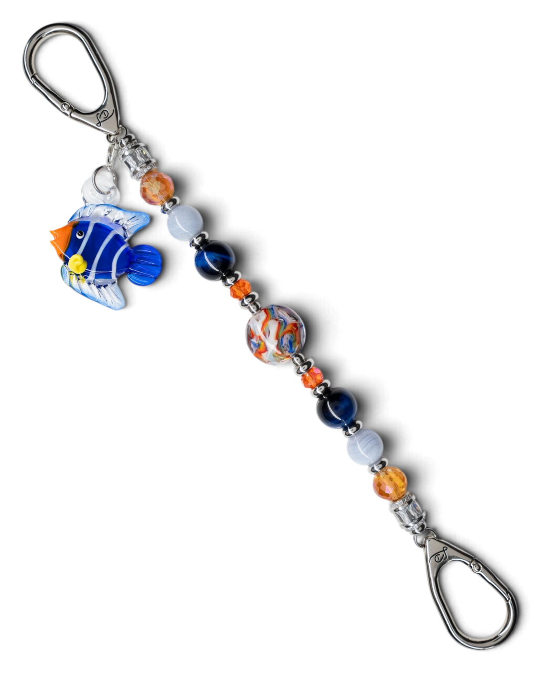 LD Keyfinder Tropical Tango featuring blue tiger eye, blue lace agate, orange glass beads, and a tropical fish charm.