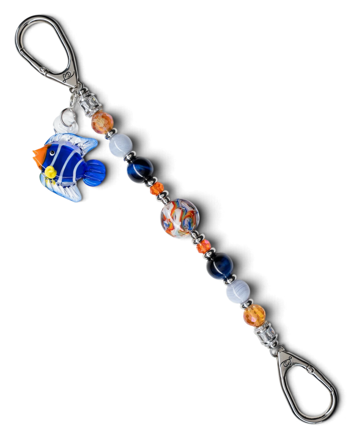 LD Keyfinder Tropical Tango featuring blue tiger eye, blue lace agate, orange glass beads, and a tropical fish charm.