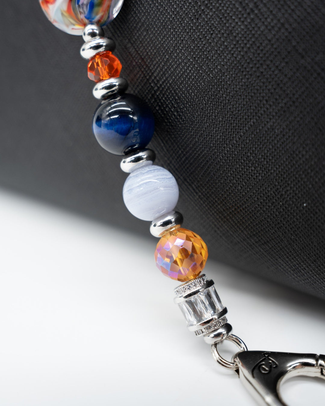 LD Keyfinder Tropical Tango beaded keychain with Blue Tiger Eye, Blue Lace Agate, and artisan glass beads.