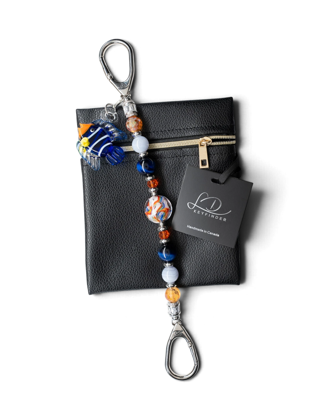 LD Keyfinder Tropical Tango beaded keychain with artisan glass, Blue Tiger Eye, and a removable tropical fish charm.