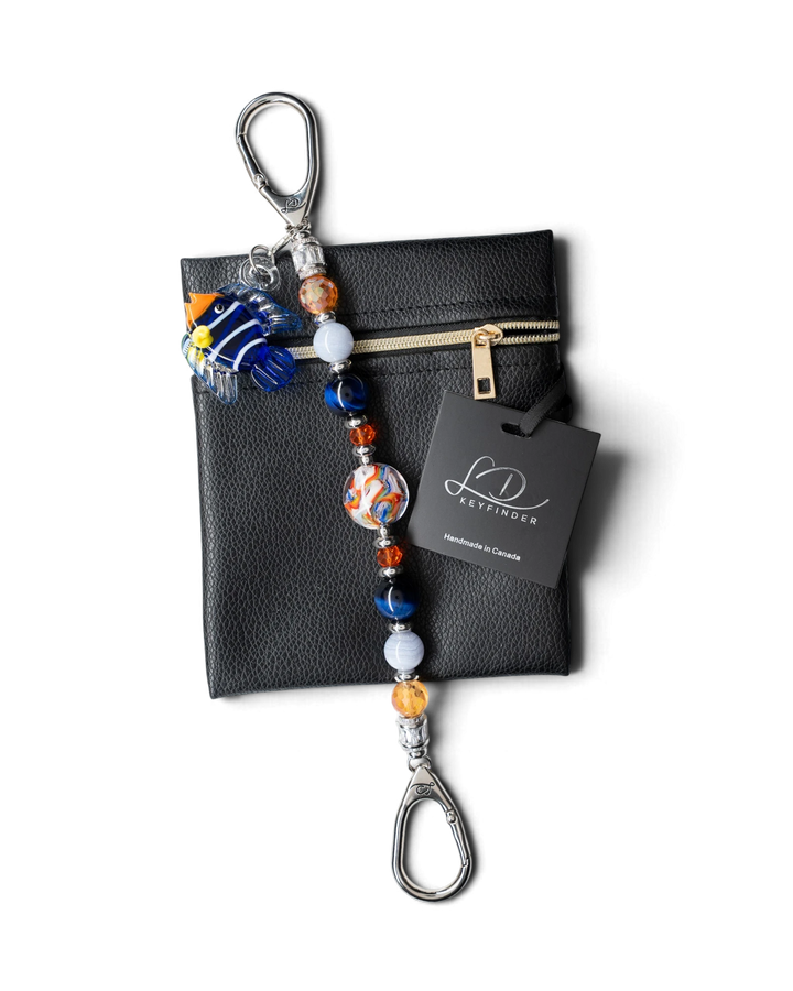 LD Keyfinder Tropical Tango beaded keychain with artisan glass, Blue Tiger Eye, and a removable tropical fish charm.