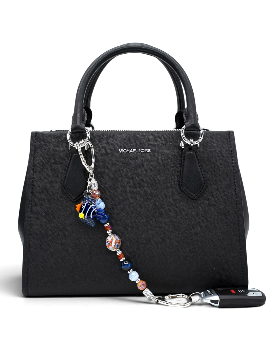 LD Keyfinder Tropical Tango beaded keychain with artisan glass fish charm, blue tiger eye, and blue lace agate beads.