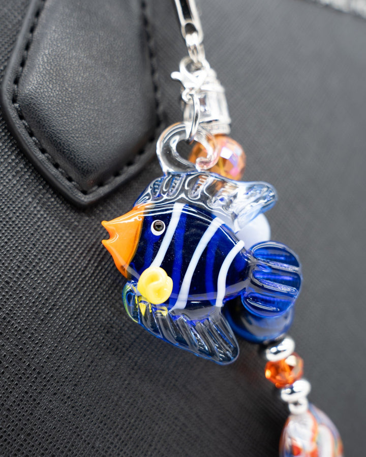 LD Keyfinder Tropical Tango key chain featuring a removable handcrafted blue and orange glass tropical fish charm.