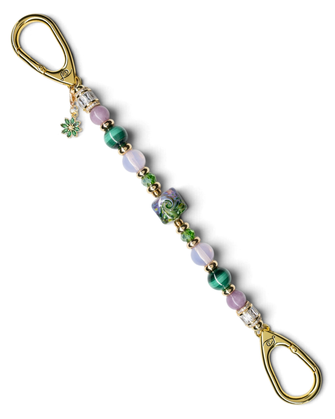 LD Keyfinder Verdant Bloom beaded accessory with malachite, opalite, lepidolite, lampwork glass, and gold flower charm.