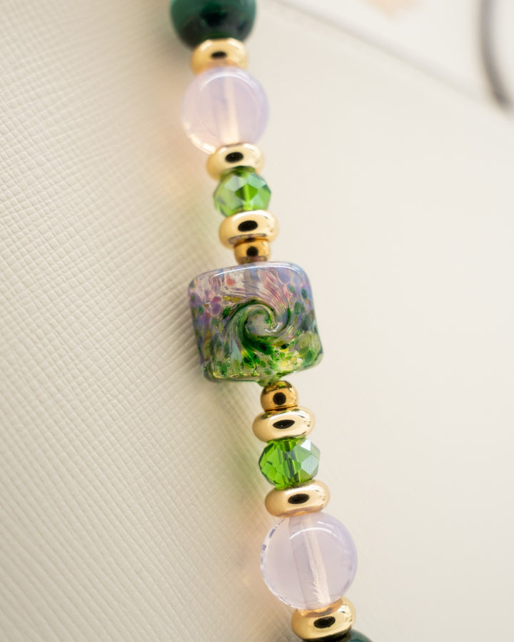 LD Keyfinder Verdant Bloom beaded accessory with lampwork glass, malachite, opalite, lepidolite, and gold accents.