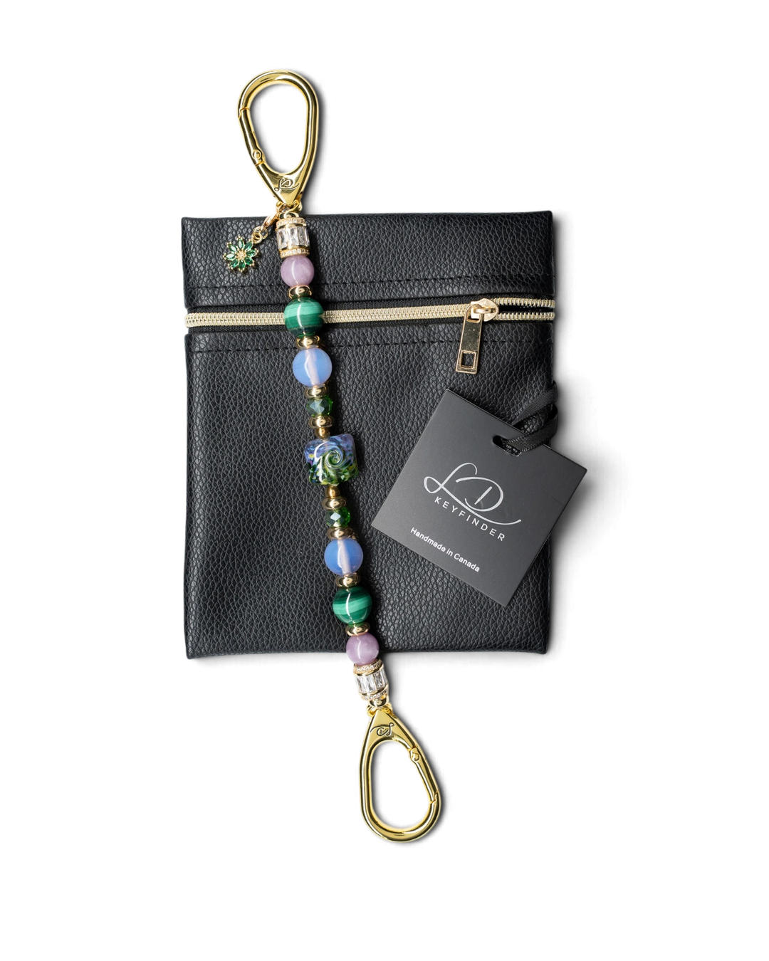 LD Keyfinder Verdant Bloom beaded accessory with lampwork glass, malachite, opalite, and gold-plated flower charm.