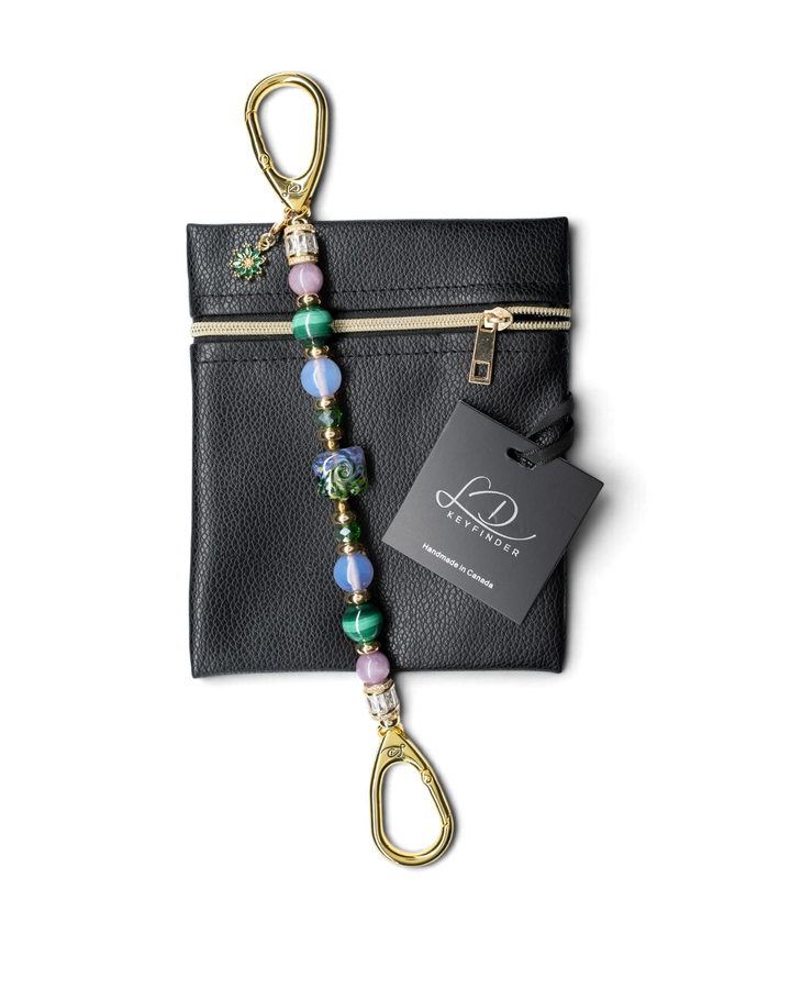 LD Keyfinder Verdant Bloom beaded accessory with lampwork glass, malachite, opalite, and gold-plated flower charm.