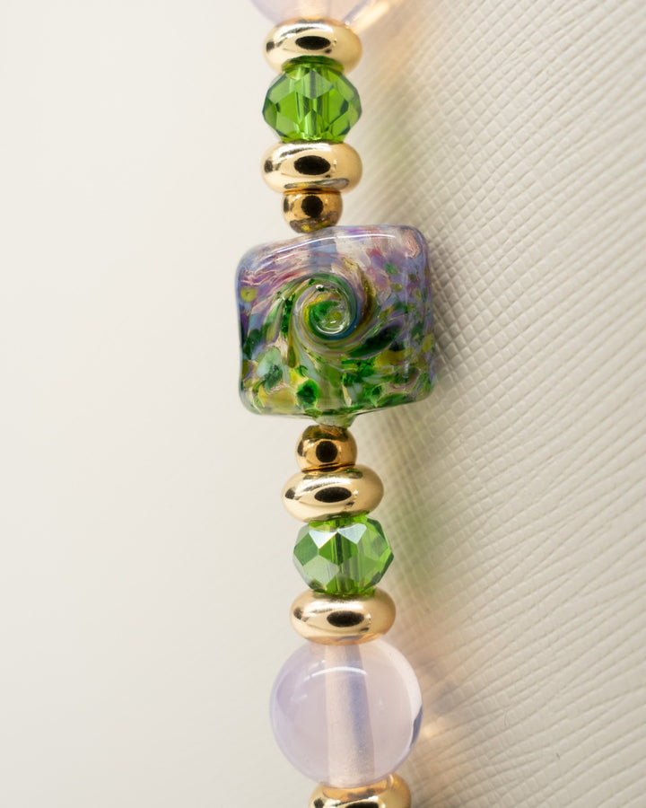 LD Keyfinder Verdant Bloom beaded accessory with malachite, pink opalite, lepidolite, and artisan lampwork glass beads.