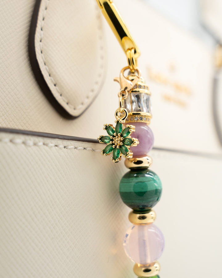 LD Keyfinder Verdant Bloom featuring malachite, pink opalite, and lepidolite beads with a gold-plated flower charm.