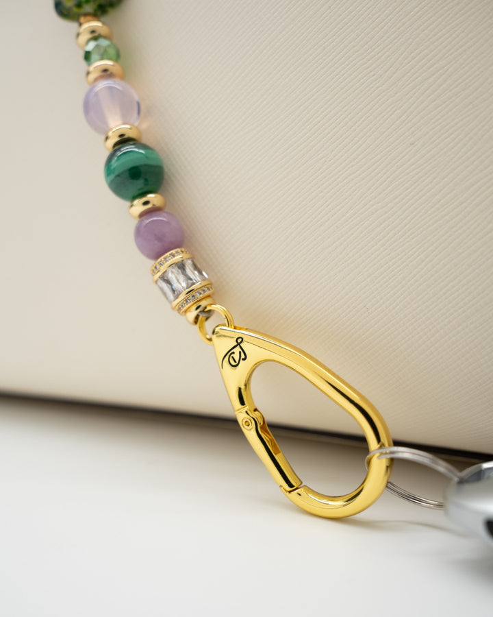 LD Keyfinder Verdant Bloom featuring malachite, pink opalite, lepidolite, and artisan lampwork glass with gold accents.