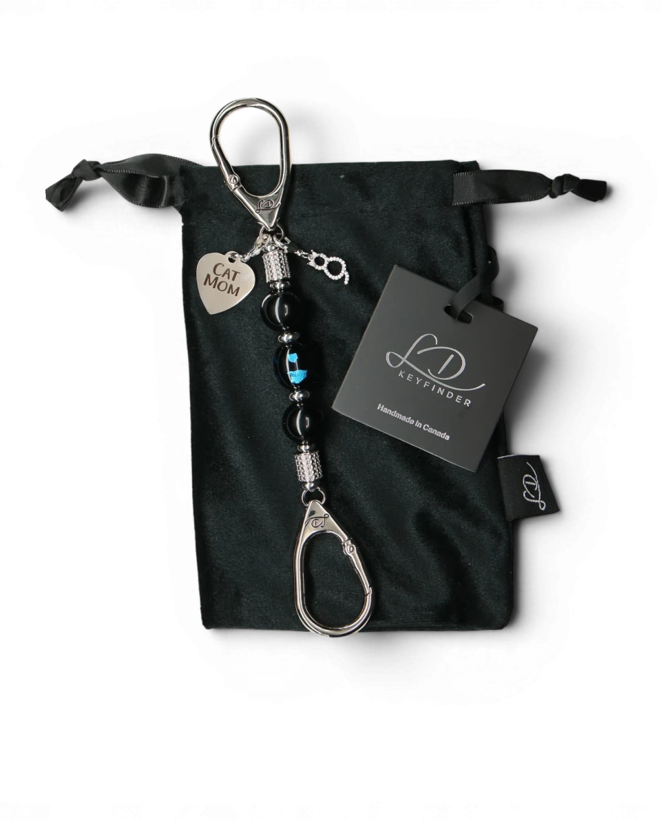 LD Keyfinder Whisker Dreams-Mini keychain with black obsidian beads, blue foil cat bead, and Cat Mom charm on velvet