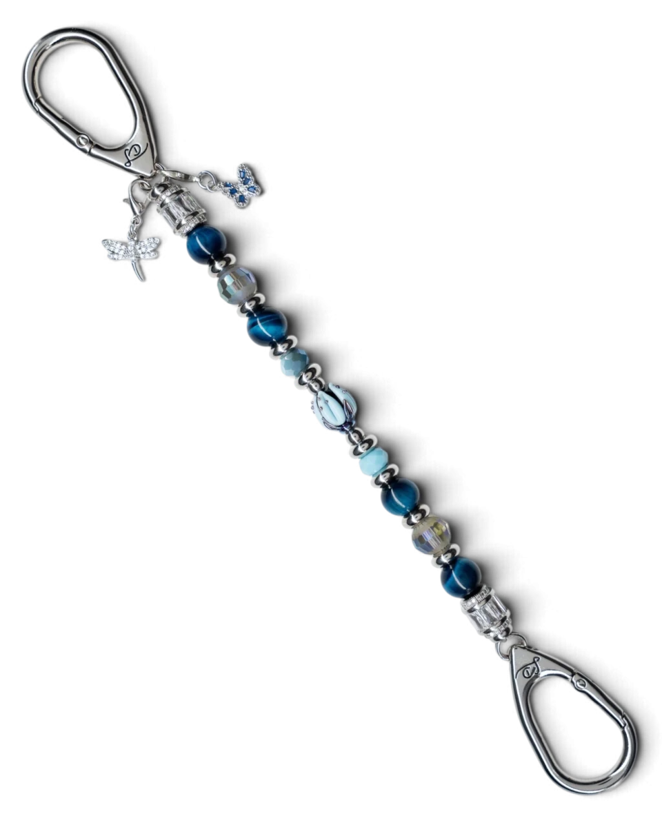 LD Keyfinder Whispering Garden featuring a blue glass tulip, tiger eye beads, and dragonfly and butterfly charms.