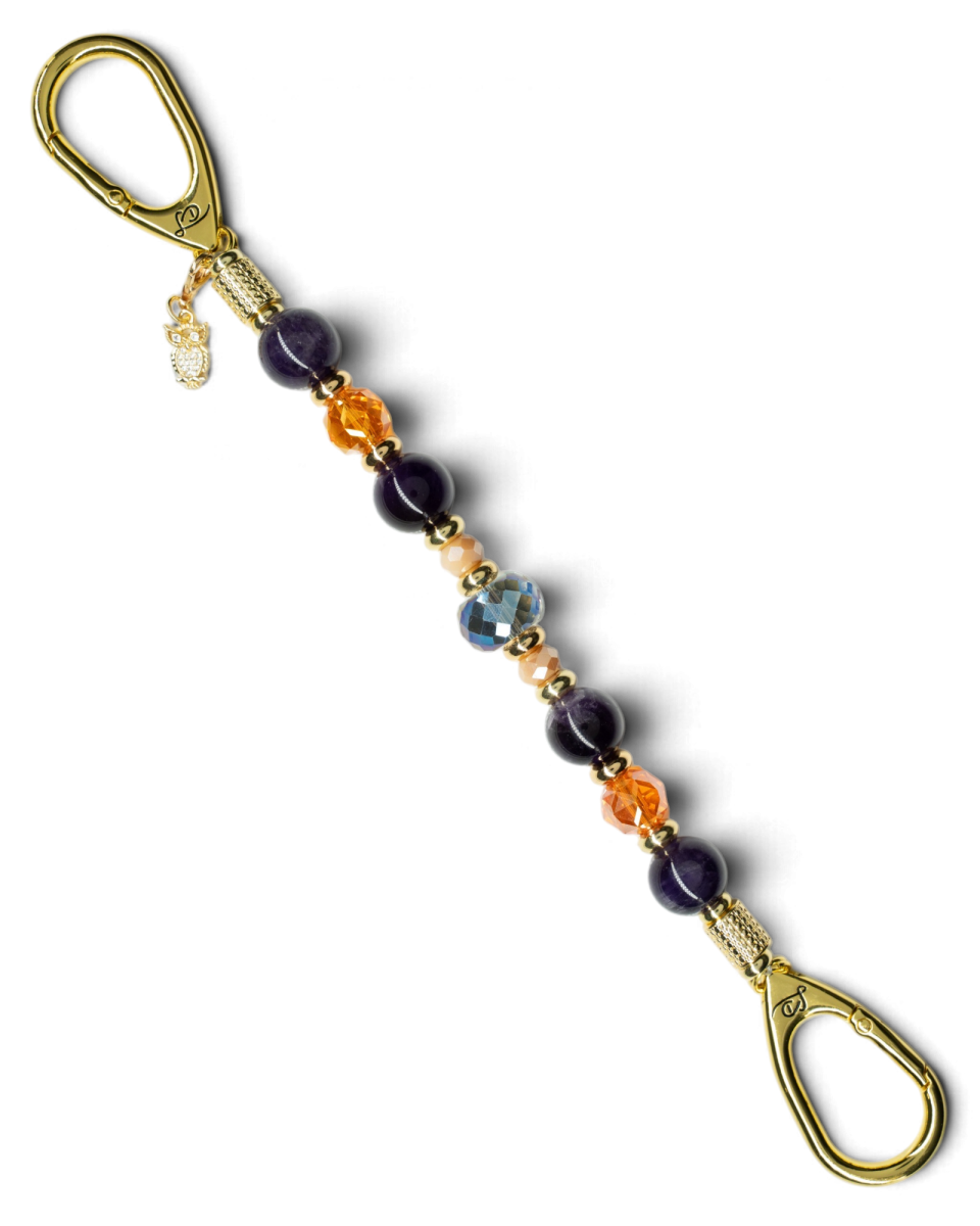 LD Keyfinder Whoo's There accessory with amethyst, orange glass, and peach jade beads featuring a gold owl charm.