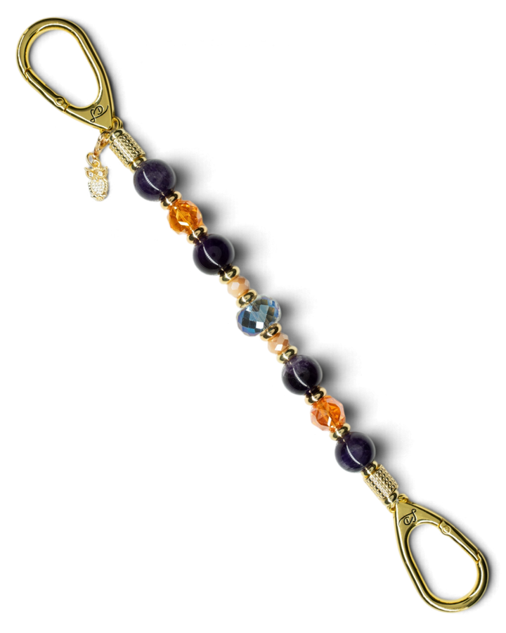 LD Keyfinder Whoo's There accessory with amethyst, orange glass, and peach jade beads featuring a gold owl charm.
