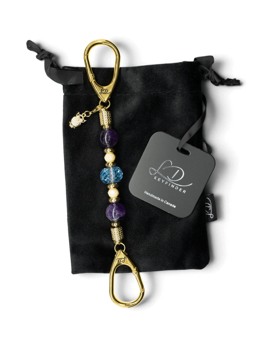 LD Keyfinder Whoo's There-Mini featuring amethyst, peach jade, and indigo crystal beads with a gold owl charm.