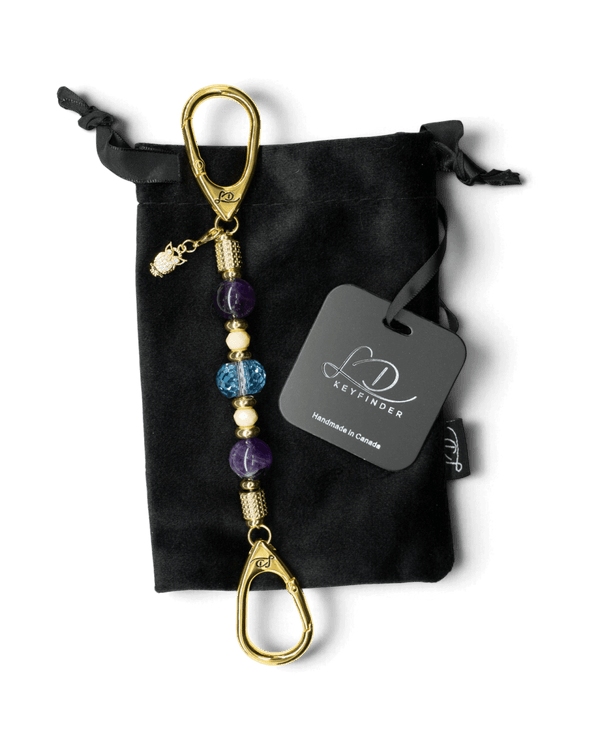 LD Keyfinder Whoo's There-Mini featuring amethyst, peach jade, and indigo crystal beads with a gold owl charm.