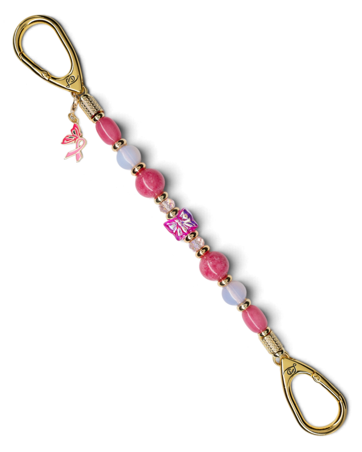 LD Keyfinder Wings of Hope beaded keychain with pink gemstones, hot pink butterfly centerpiece, and gold-plated charms.