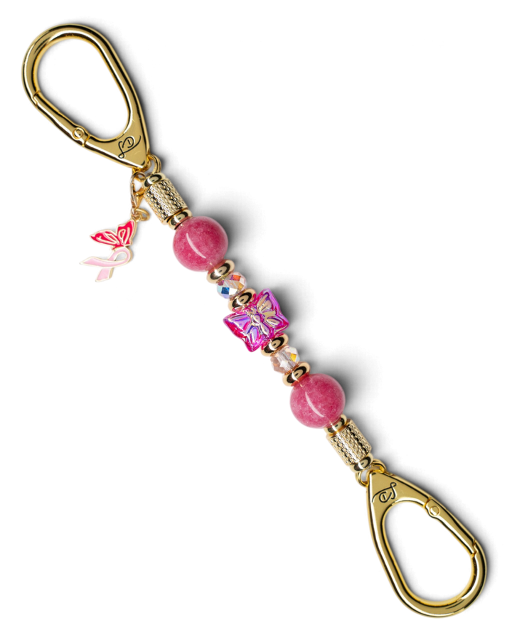 LD Keyfinder Wings of Hope Mini featuring pink jade beads, a hot pink butterfly charm, and gold-plated accents.