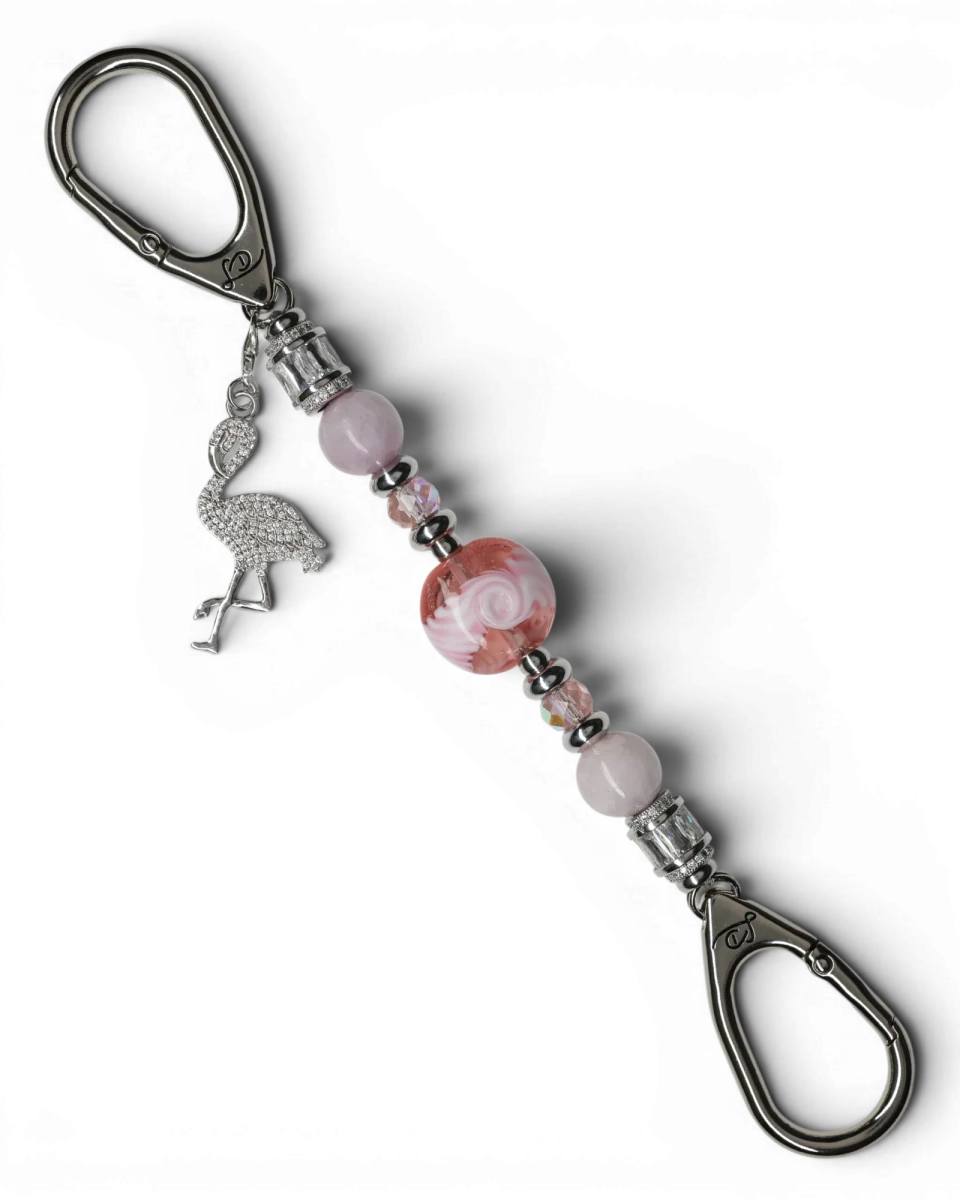 LD Keyfinder Petite Flamingo Blush keychain with pink lampwork glass bead, pink crystal beads, kunzite beads, and rhinestone flamingo charm.