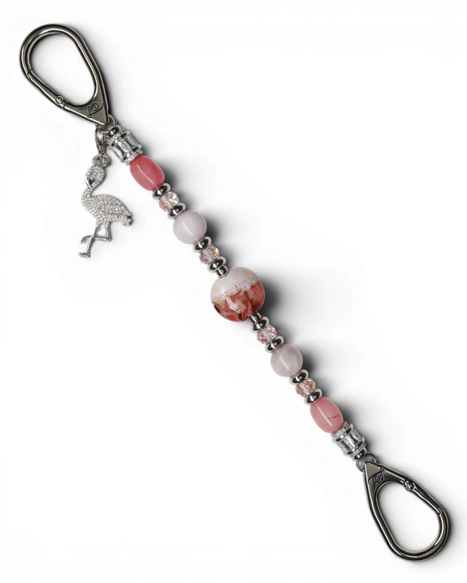 LD Keyfinder Flamingo Fiesta keychain with pink beads, sterling silver accents, and a rhinestone flamingo charm.