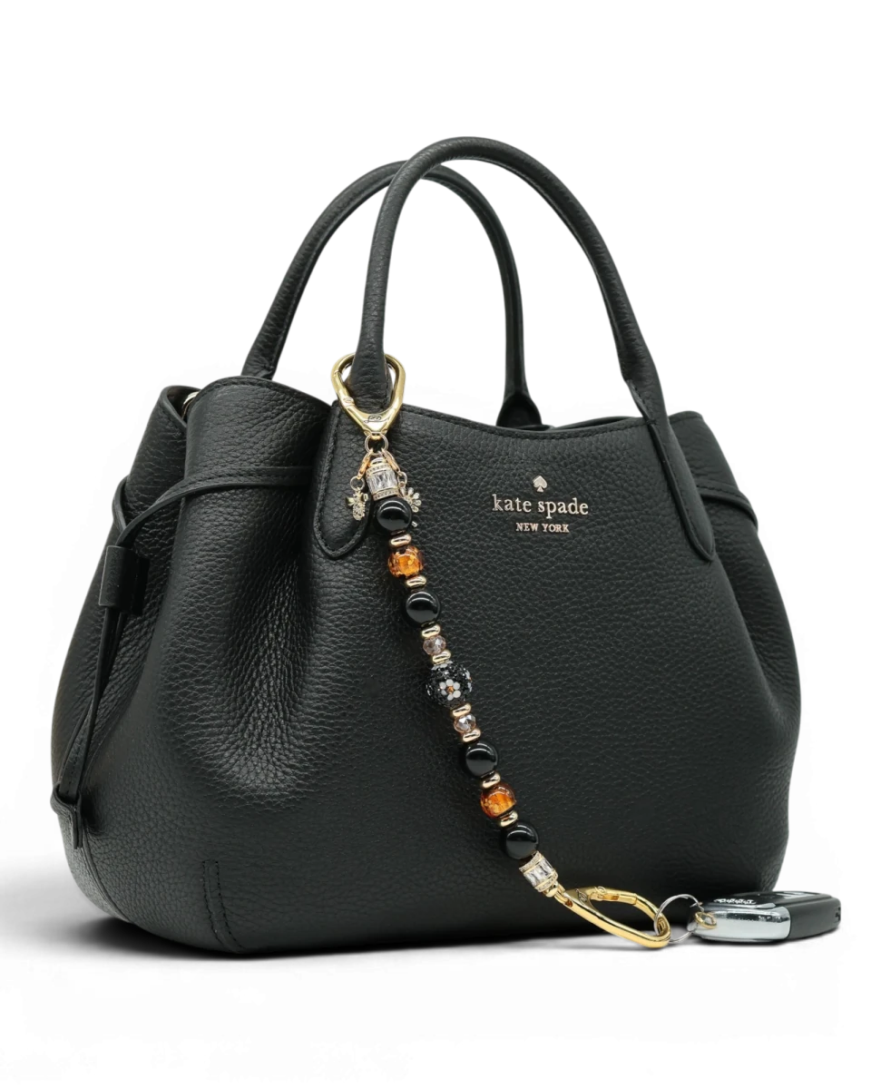 LD Keyfinder Queen Bee II charm with black obsidian, gold, and crystal beads, featuring a bumblebee charm.