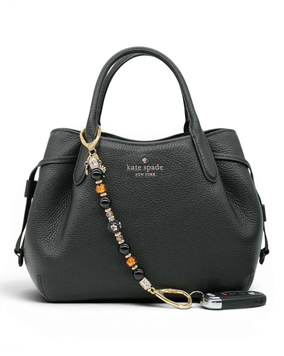 LD Keyfinder Queen Bee II charm bracelet with black obsidian, amber, and crystal beads, gold accents, and bumblebee charm.