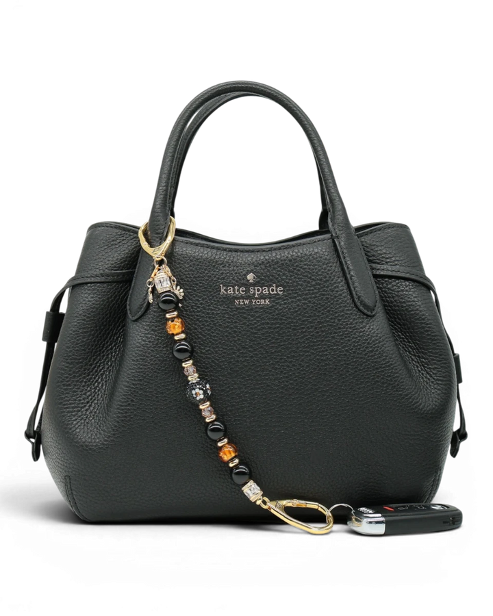 LD Keyfinder Queen Bee II charm bracelet with black obsidian, amber, and crystal beads, gold accents, and bumblebee charm.